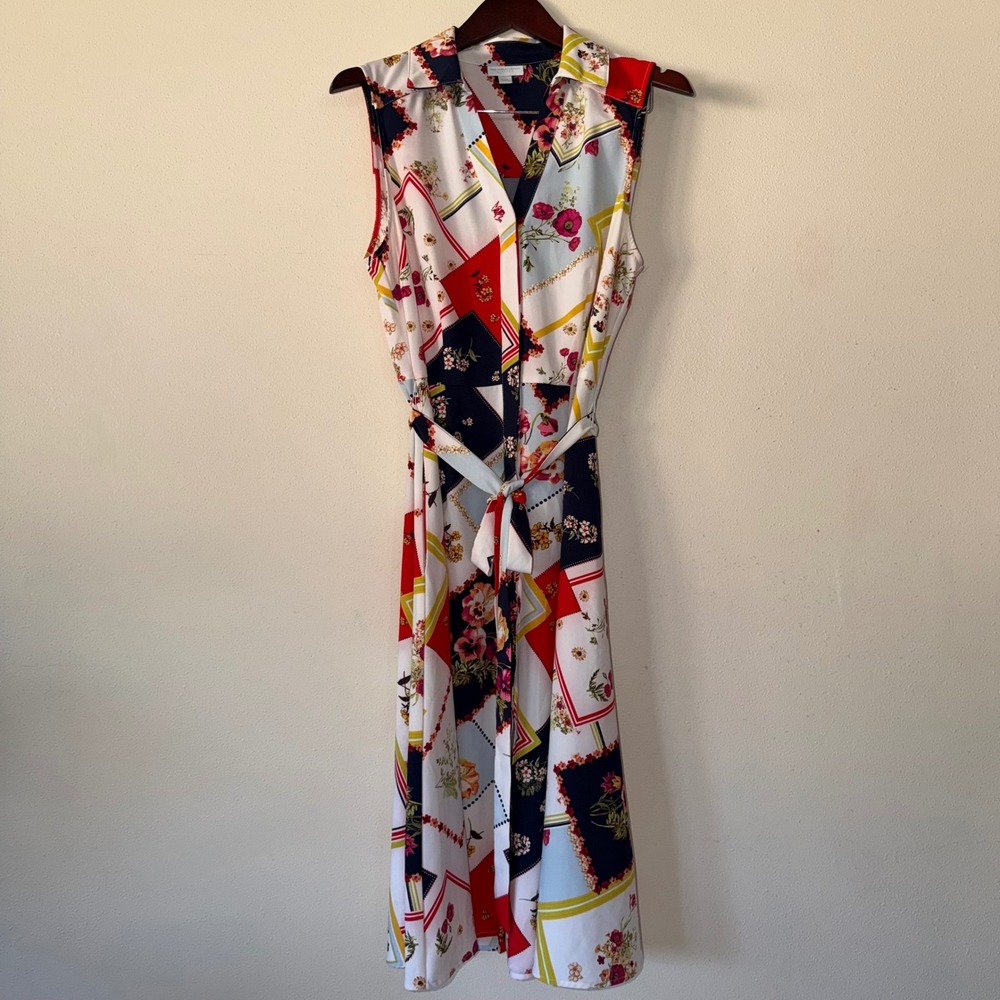 New York & Company Scarf Print Floral Sleeveless Midi Dress Red Navy White L